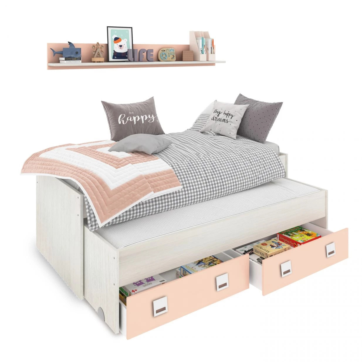 Cama doble juvenil con estante Kenia Blanco Alpes - Rosa