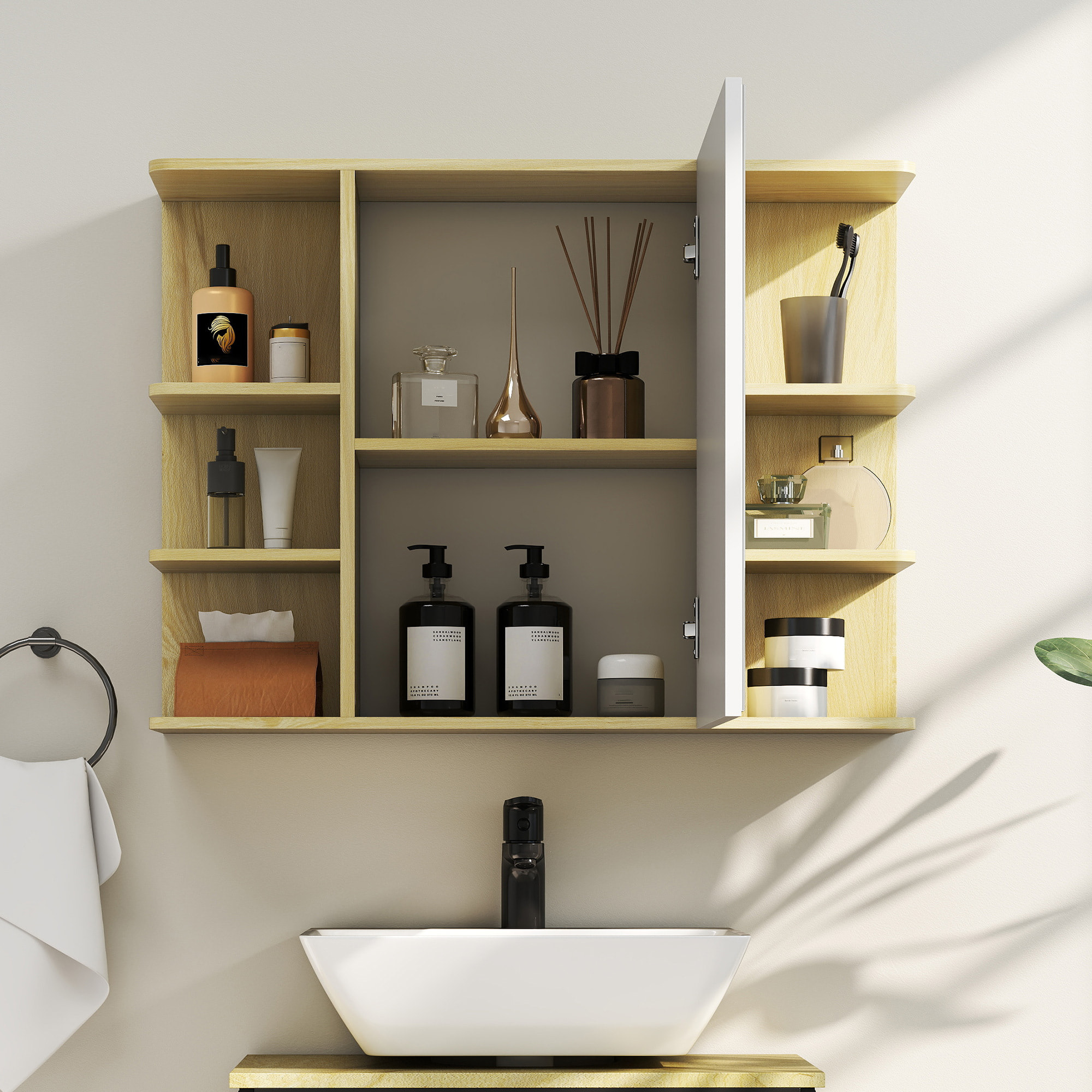 Armoire miroir murale salle de bain - porte, étagère, 2x3 tablettes latérales - 80 x 20 x 59 cm - effet bois clair