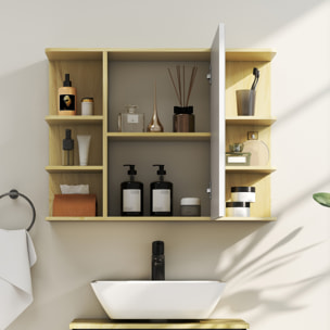 Armoire miroir murale salle de bain - porte, étagère, 2x3 tablettes latérales - 80 x 20 x 59 cm - effet bois clair