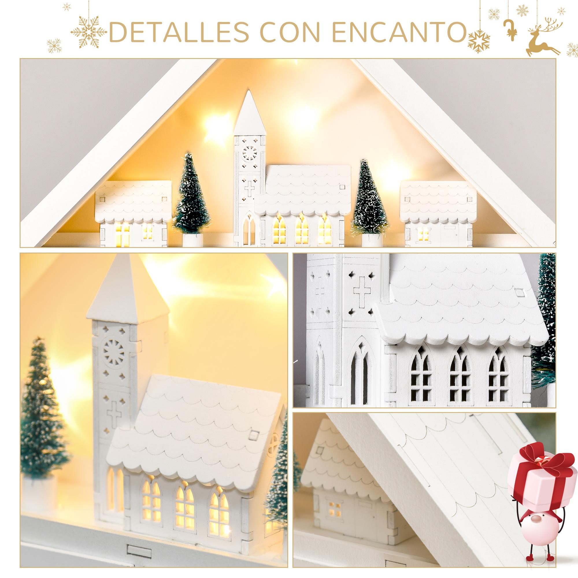 Calendario de Adviento de Navidad Madera con 24 Cajones y Luces LED Decoración Navideña Modelo Casita 39x9x42 cm Blanco