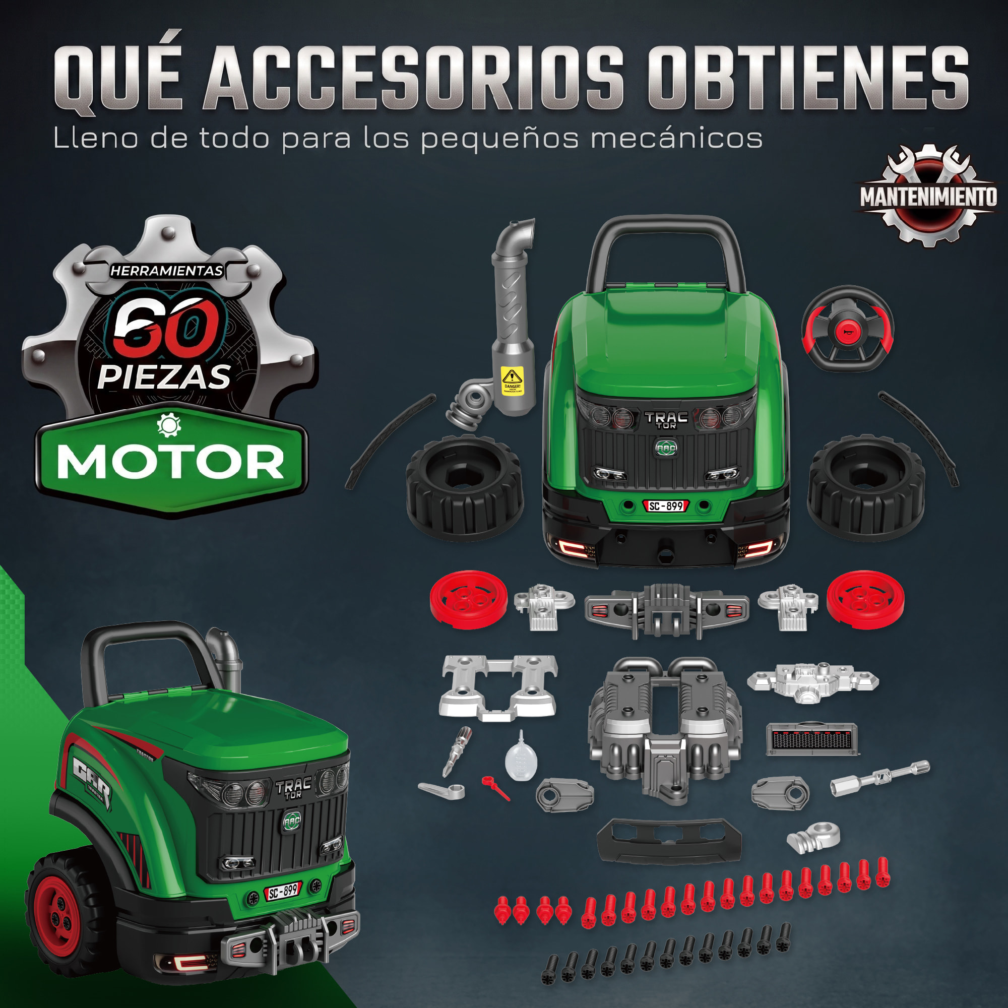 AIYAPLAY Juguete de Motor de Camión para Niños, Volante de Juguete con Vapor, Luces y Sonidos, Set de Reparación Mecánico Desmontable, Regalo Educativo para Niños y Niñas de 3-6 Años, Verde
