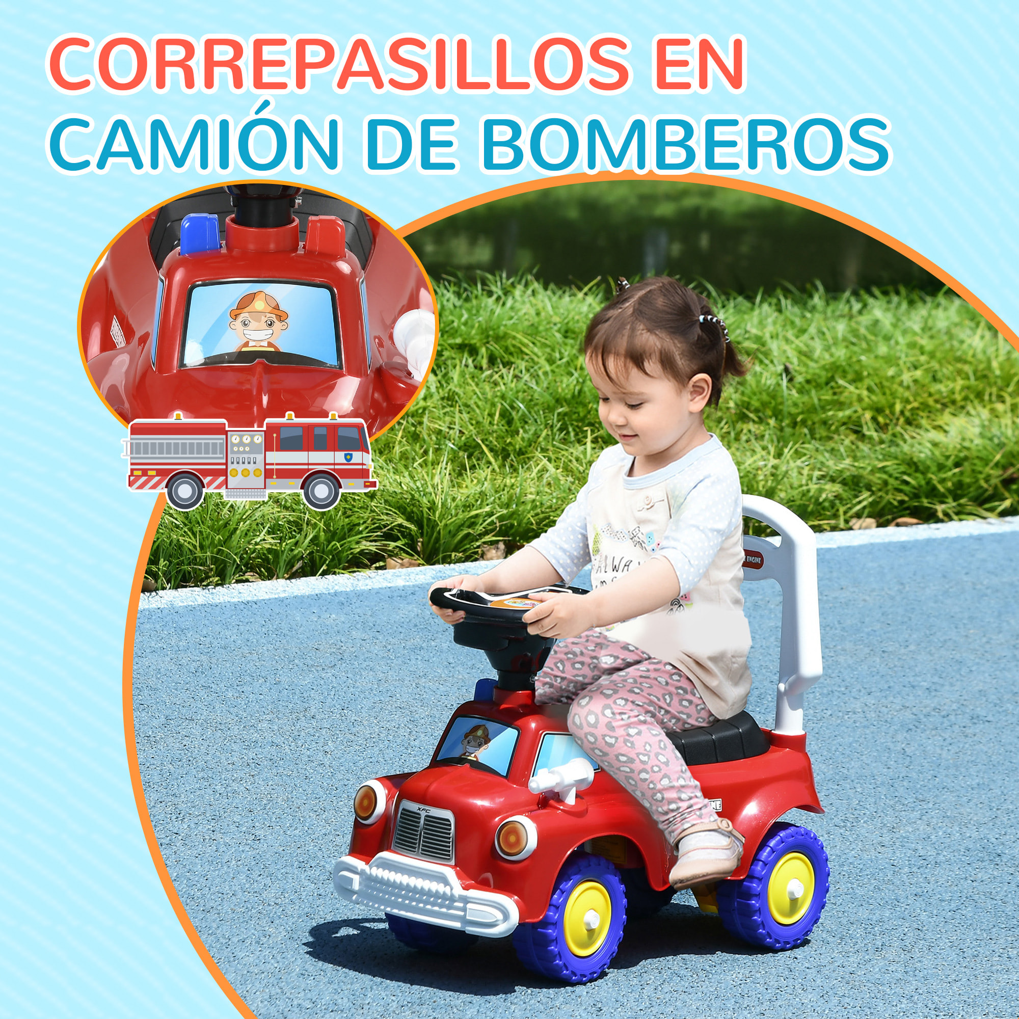 Coche Correpasillos para Niños de 18-36 Meses, Diseño de Camión de Bomberos, Correpasillos con 3 Luces, Música, Compartimento de Almacenaje y Volante, 49x24x42 cm, Rojo
