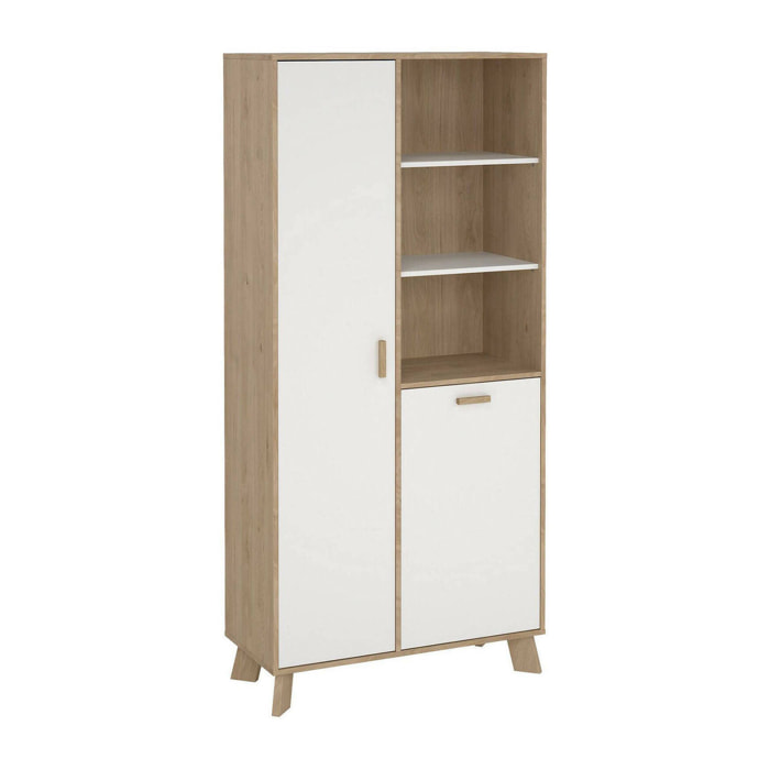 Vetrina Mirinae, Credenza espositiva, Vetrinetta multiuso, Madia da soggiorno, 89x40 h188 cm, Rovere e Bianco