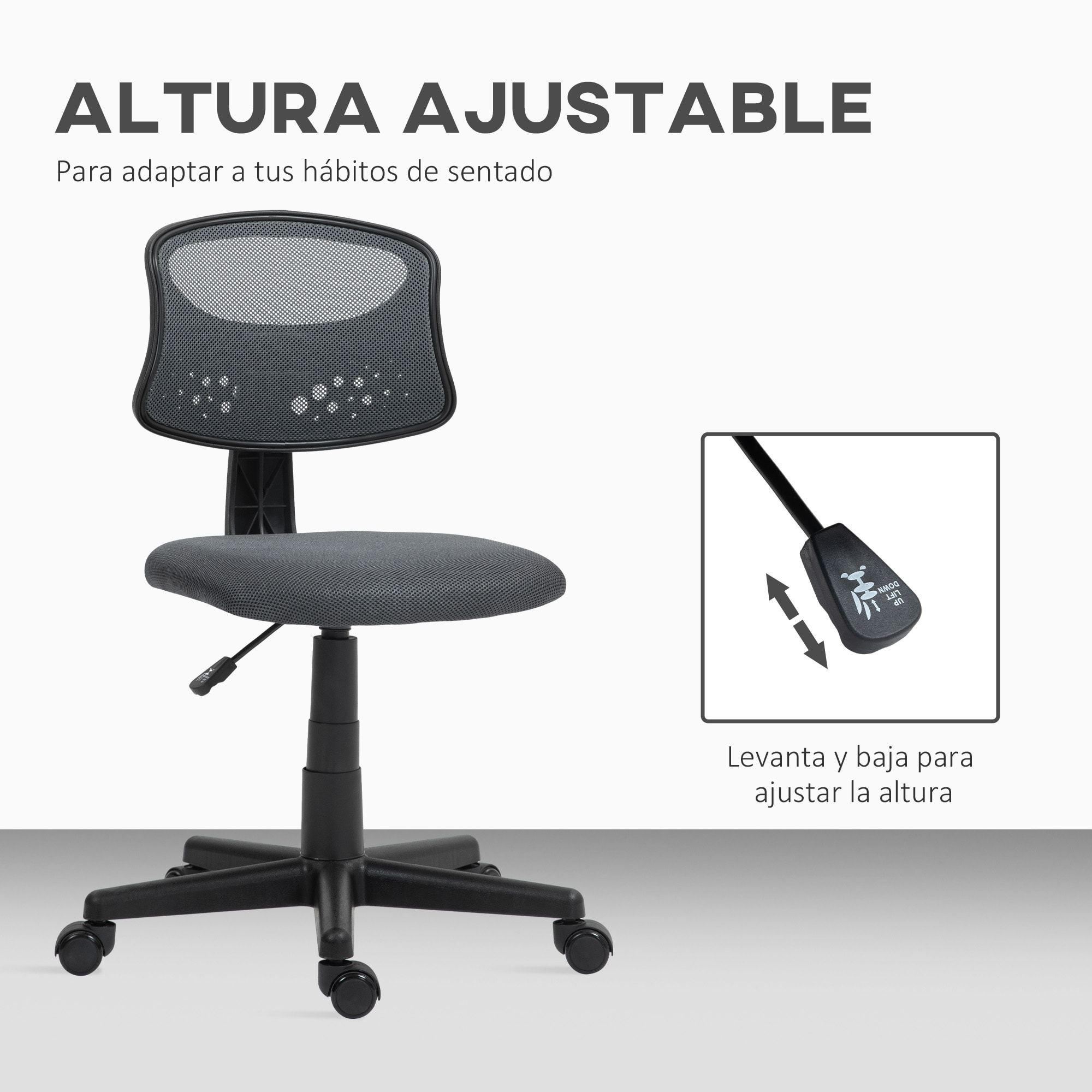 Silla de Oficina sin Brazos Silla de Escritorio Giratoria con Respaldo de Malla Transpirable Altura Ajustable Silla de Despacho Carga 120 kg Gris