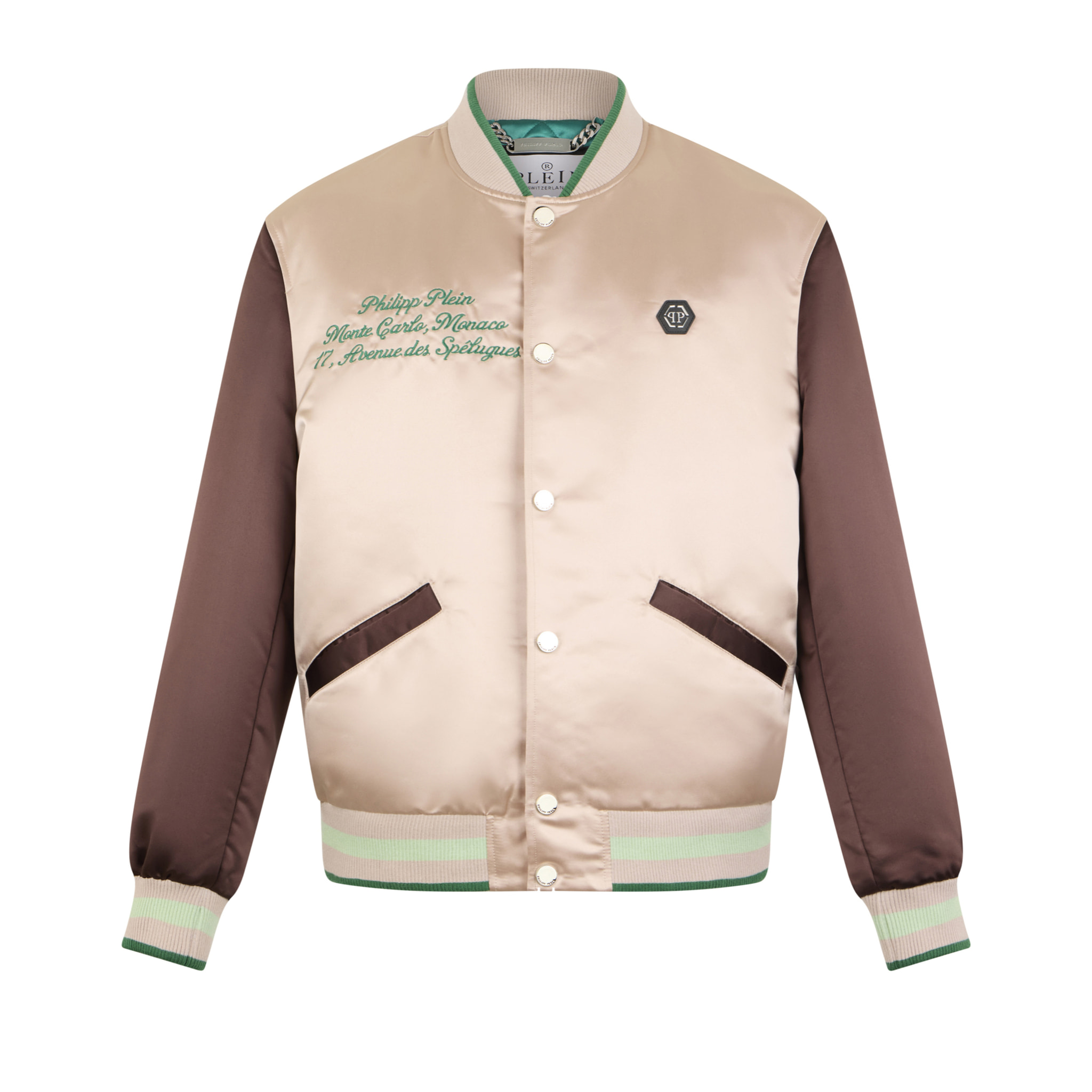 PHILIPP PLEIN Shiny Satin College Bomber Signature Monte Carlo