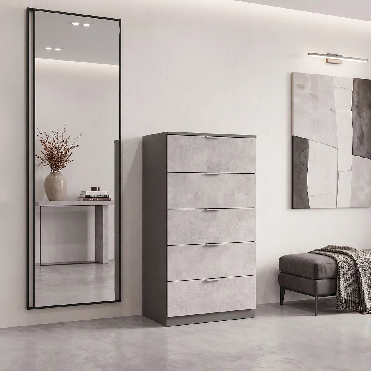Cómoda alta de 5 cajones en gris grafito y gris cemento 60x110 cm Akari Gris Grafito - Gris Cemento