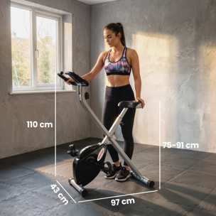 SPORTNOW Bicicleta Estática Plegable, Bicicleta Estática Casa Silenciosa con 8 Niveles Resistencia Magnética, Monitor LCD, Asiento Ajustable, Volante, Sensor Ritmo, Soporte Teléfono y Ruedas, Gris