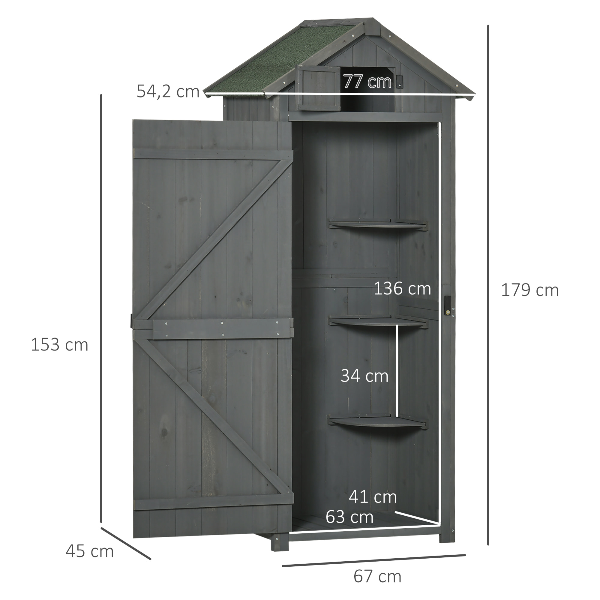 Armario de Jardín de Madera 77x54,2x179 cm 0,3 m² Cobertizo para Almacenaje de Herramientas con 3 Estantes y 2 Puertas con Cerrojo para Patio Terraza Gris y Verde