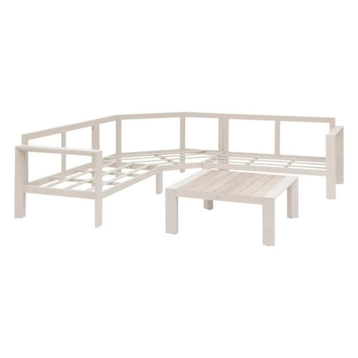 Salon d'angle de jardin "Évasion" argile & lin 5 places en oléfine et aluminium