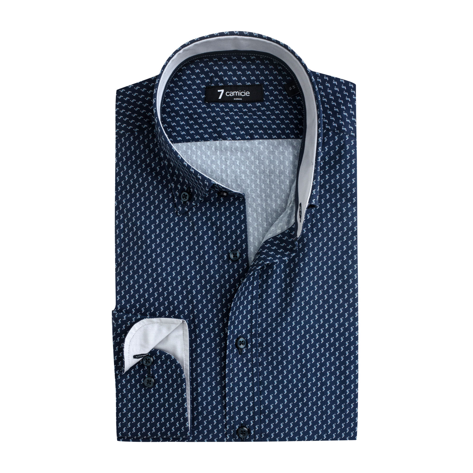 camicia uomo 1 bottone button down slim Popeline Stampato Blu/Grigio Chiaro