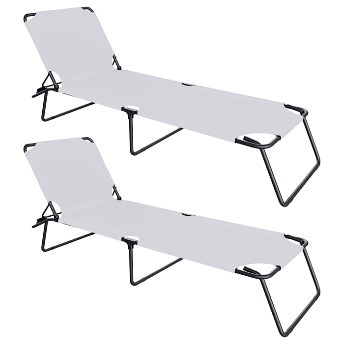 Coppia Di Lettini Pieghevoli Prendisole Senza Tettuccio Parasole Schienale Reclinabile Regolabile Struttura Metallo Sedia Sdraio 187x53x24Cm Bianco