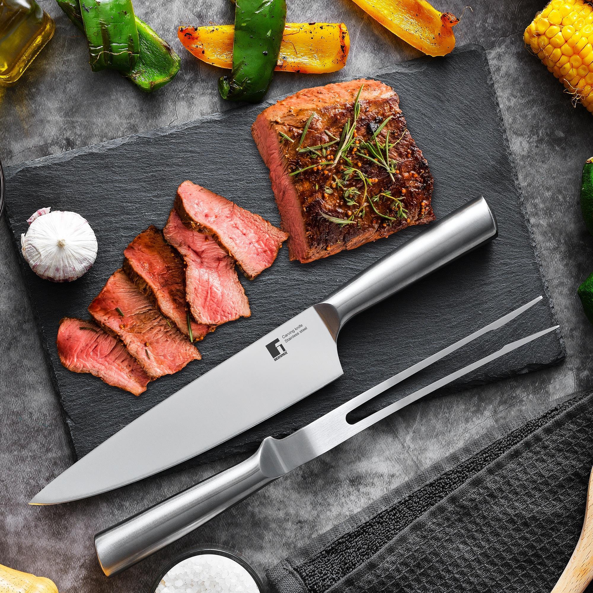 Set de cuchillo chef + tenedor para carne bbq en acero inoxidable bergner