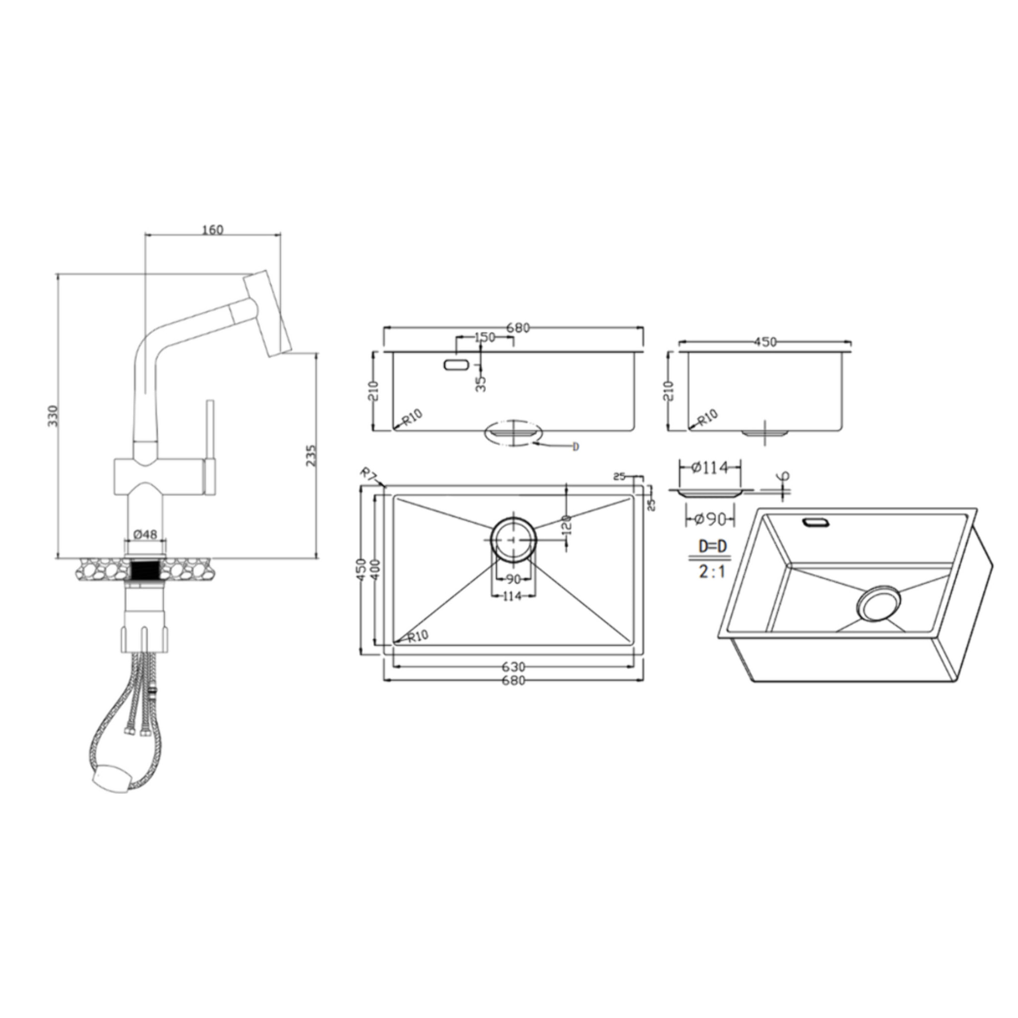Timeless 68x45x21 cm évier sous plan en inox 304 + mitigeur inox avec douchette extractible, cuivre brossé (TMLKSU-6845BCP-M1)