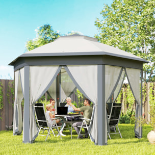 Carpa Plegable 4x3,4 m, Cenador de Jardín Hexagonal con Doble Techo, 6 Mosquiteras Extraíbles y Bolsa de Transporte, Impermeable, Anti-UV para Exterior, Fiestas, Gris