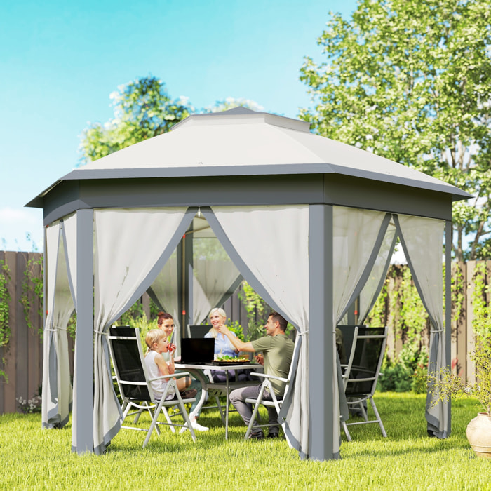 Carpa Plegable 4x3,4 m, Cenador de Jardín Hexagonal con Doble Techo, 6 Mosquiteras Extraíbles y Bolsa de Transporte, Impermeable, Anti-UV para Exterior, Fiestas, Gris
