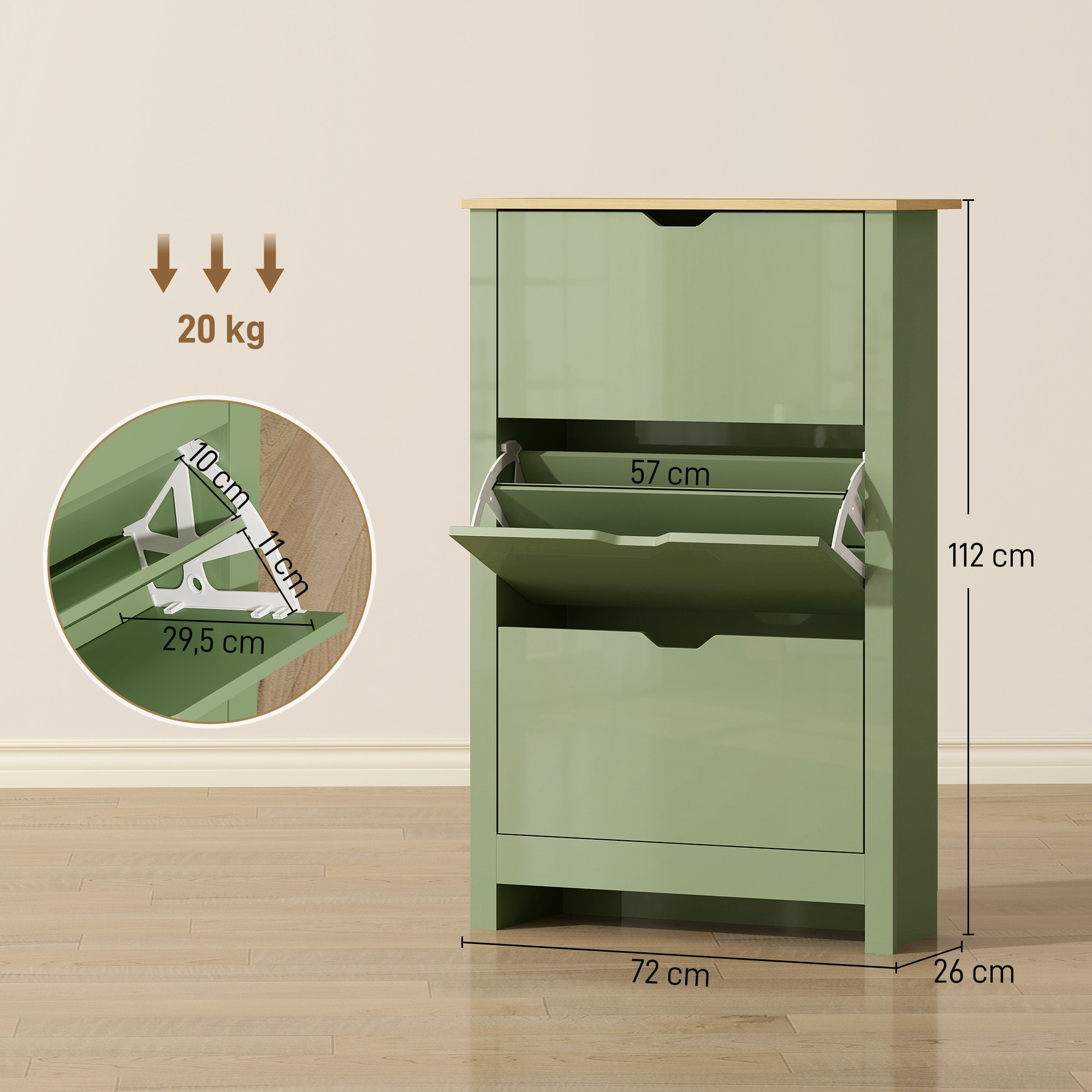 Armoire à chaussures 3 portes abattantes 2 compartiments vert amande laqué naturel