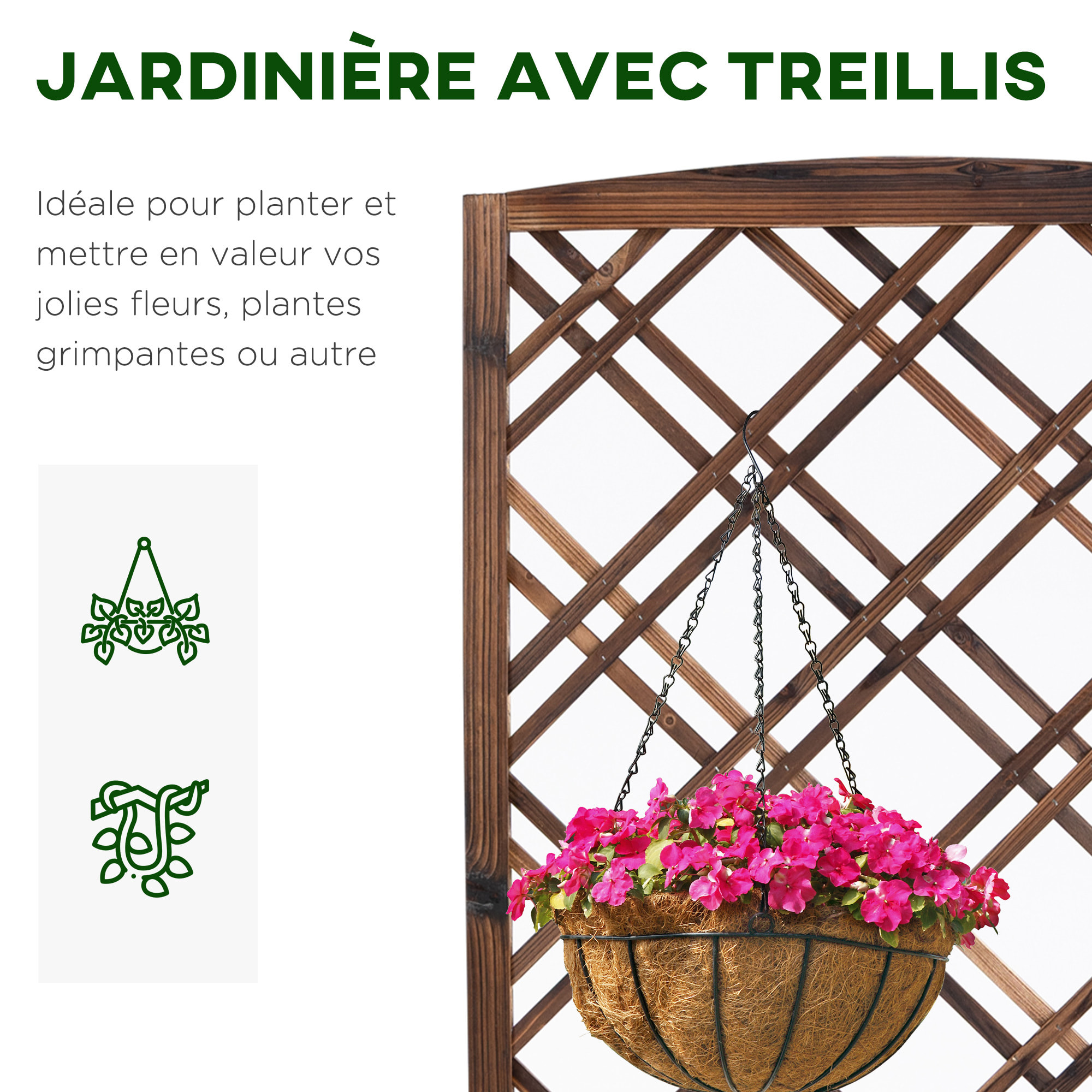 Jardinière avec treillis - bac à fleurs - jardinière sur pied - dim. 60L x 30l x 122H cm bois sapin traité carbonisation