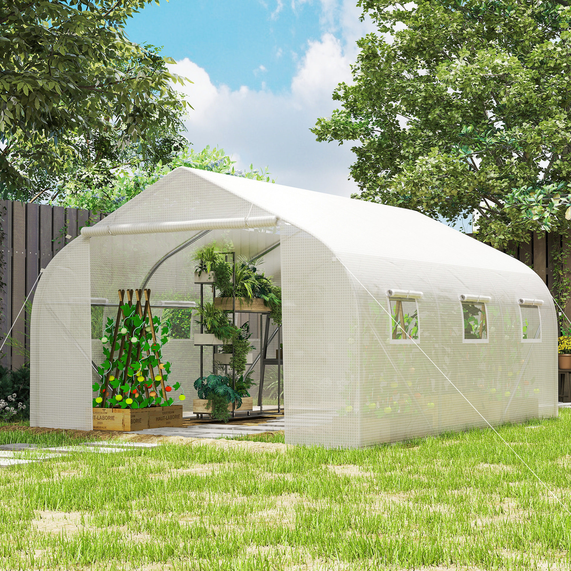 Serre tunnel de jardin dim. 4,45L x 2,99l x 2H m porte + 6 fenêtres enroulables acier galvanisé bâche PE haute densité blanc