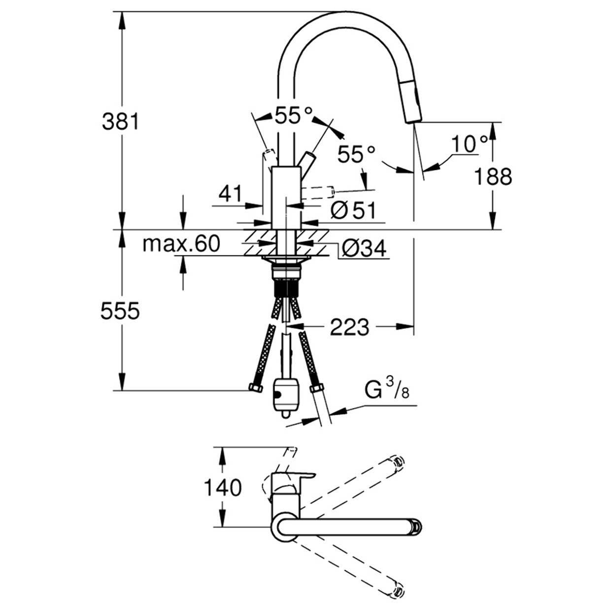 Mitigeur monocommande évier cuisine Feel avec douchette extractible 2 jets