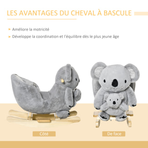 Jouet à bascule koala avec marionnette - effet sonore rugissement - fauteuil intégré, ceinture de sécurité - bois peuplier peluche courte polyester gris