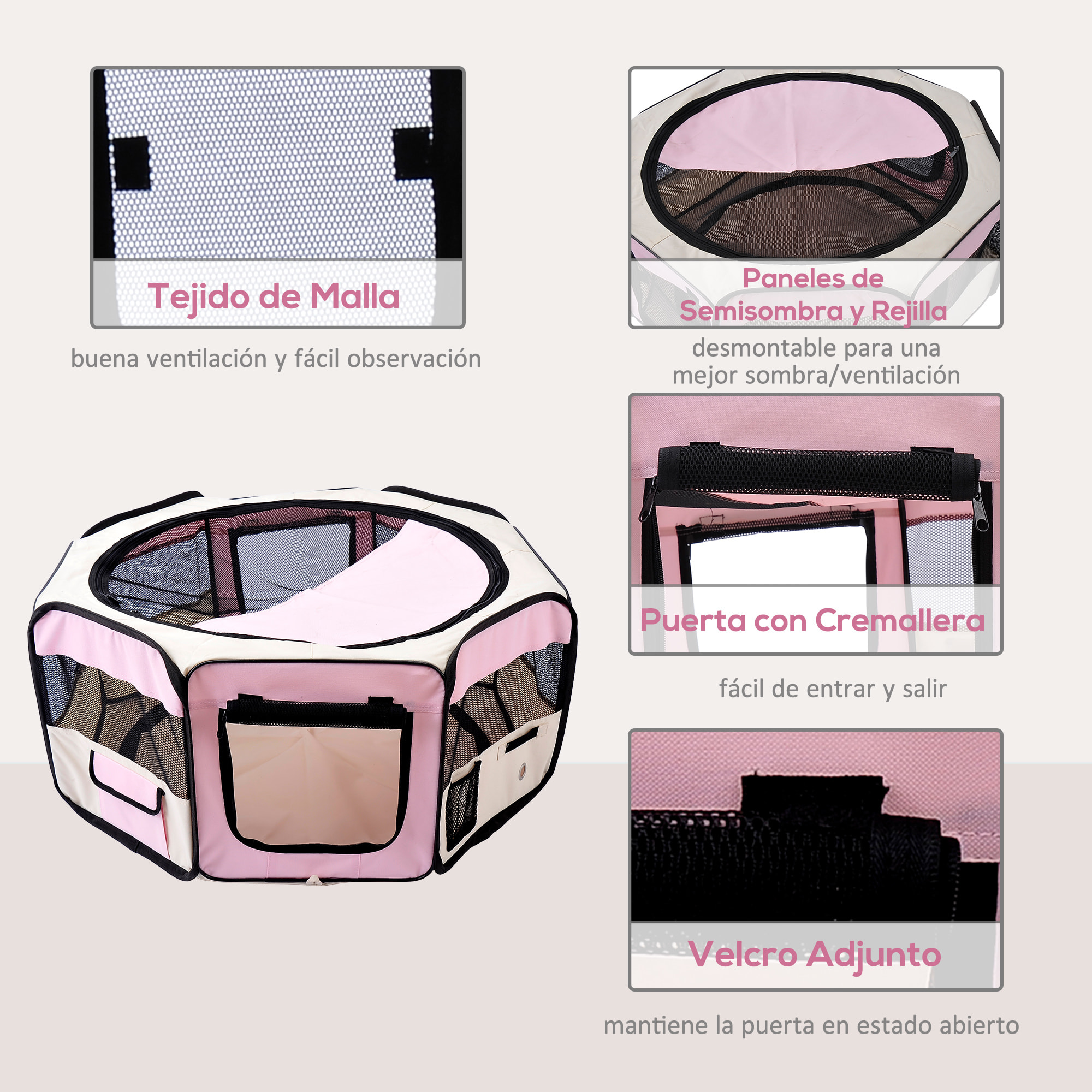 Parque Plegable para Perros y Gatos, Corralito Portátil para Animales Pequeños Impermeable de Tela Oxford con 2 Puertas, para Exterior e Interior, Ø90x41 cm, Rosa