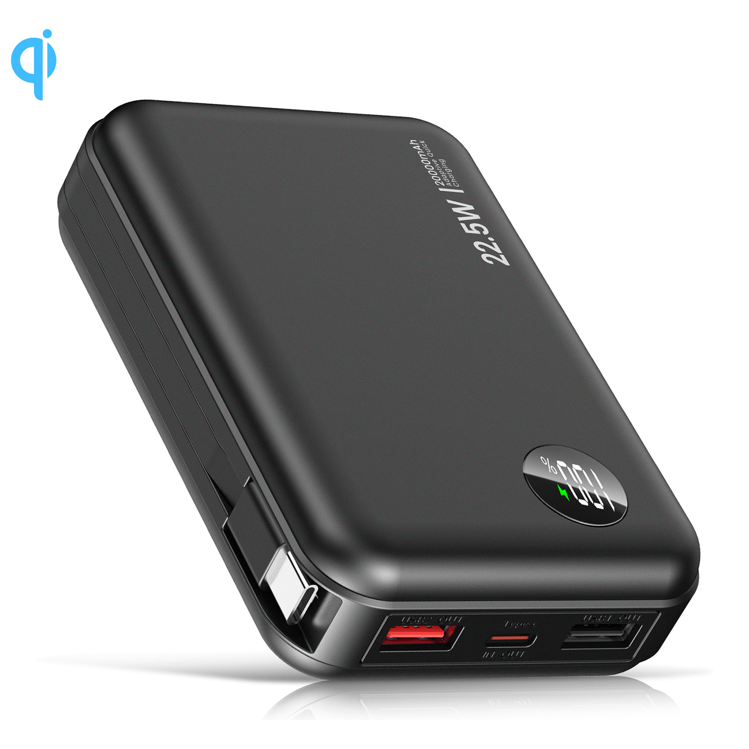 Powerbank 20.000mAh con carga rápida PD22,5W, cable USB-C integrado. Pantalla led de carga.