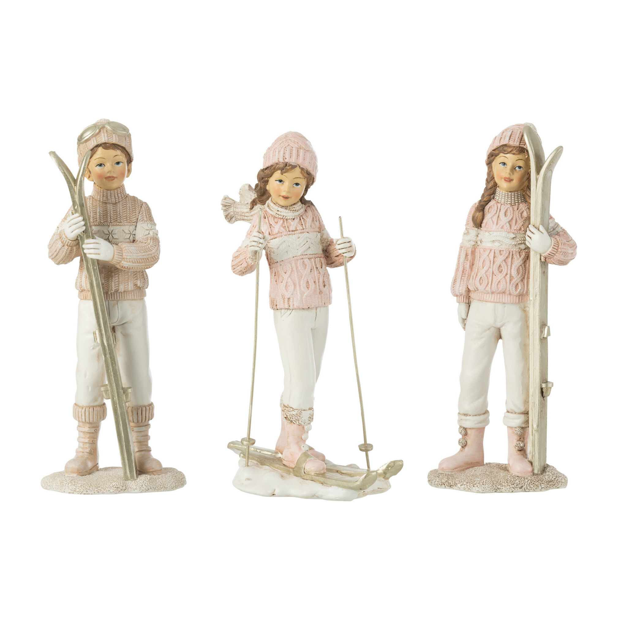 J-Line figurine Filles & Garçon Ski - polyrésine - blanc/rose - 3 pcs