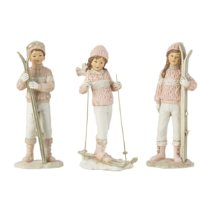 J-Line figurine Filles & Garçon Ski - polyrésine - blanc/rose - 3 pcs