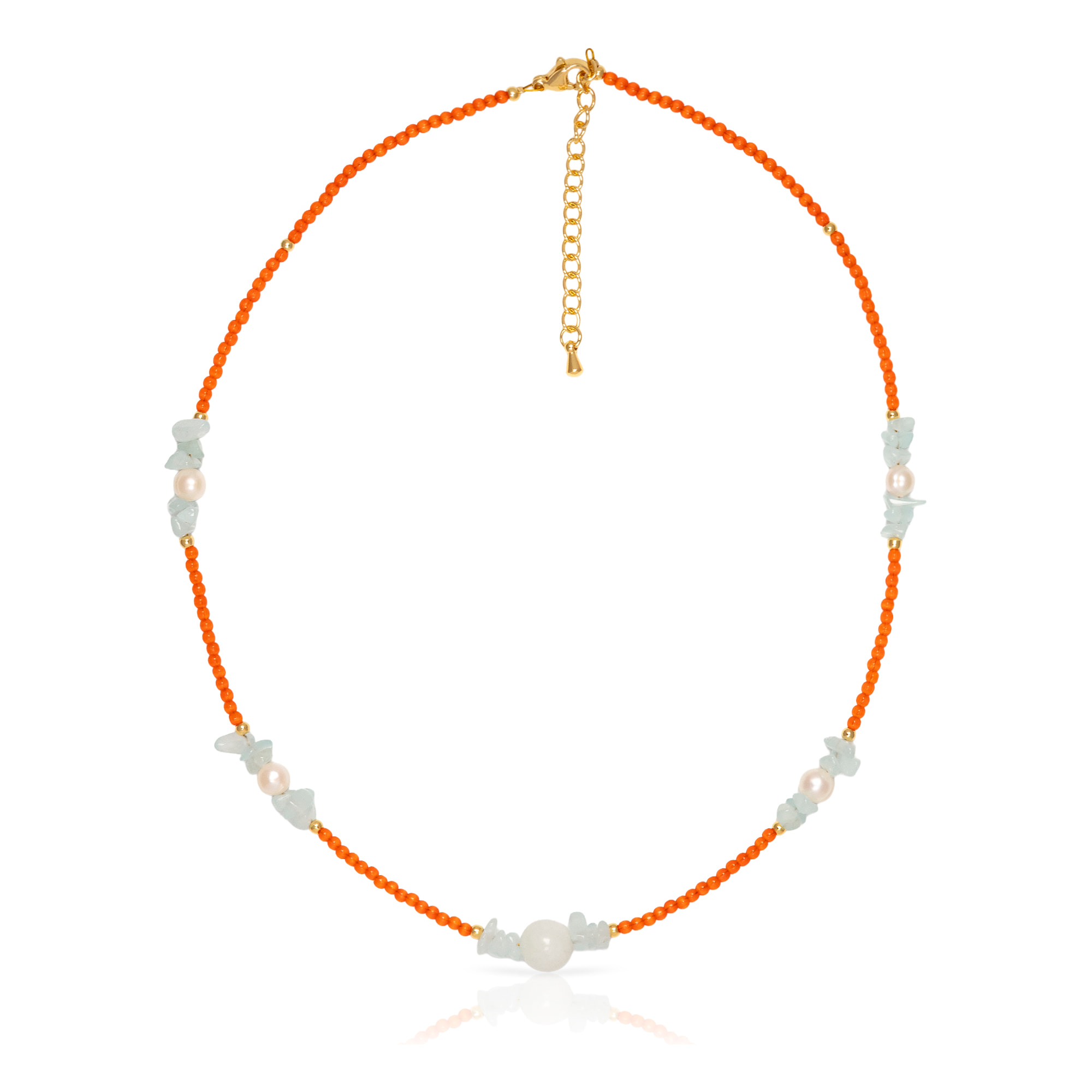 Set de pulsera y collar a juego de ojo de gato naranja, lapislázuli claro, mármol blanco y perlas naturales con cierre de mosquetón.