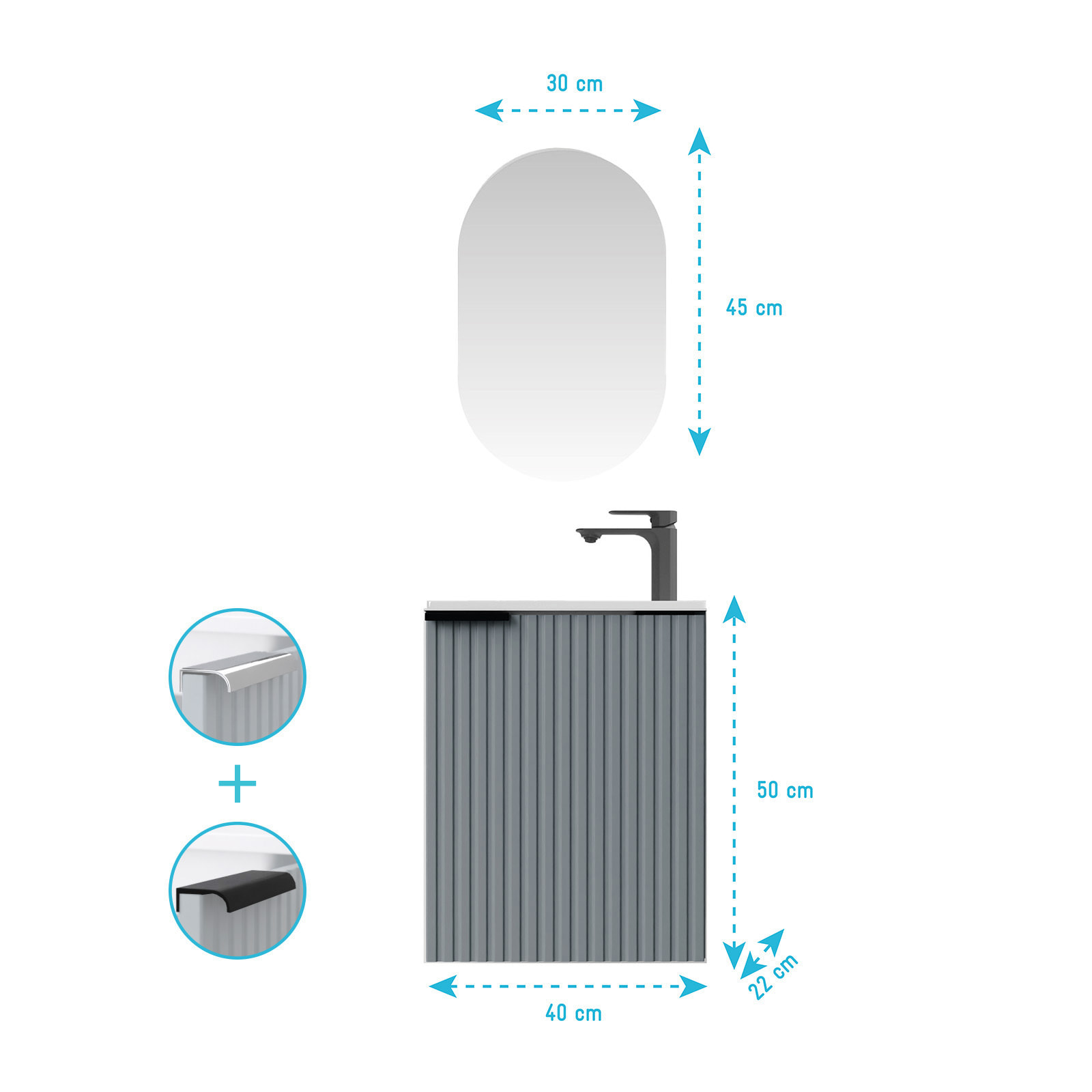 Ensemble meuble lave mains MDF ondulé gris 40x50x22cm et miroir ovale - MILO