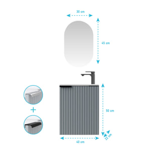 Ensemble meuble lave mains MDF ondulé gris 40x50x22cm et miroir ovale - MILO