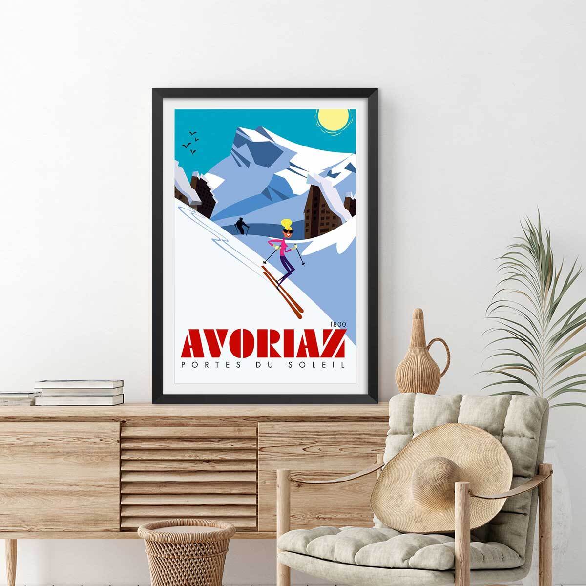 Poster de avoriaz 1800 porte du soleil Affiche + cadre en bois - Noir