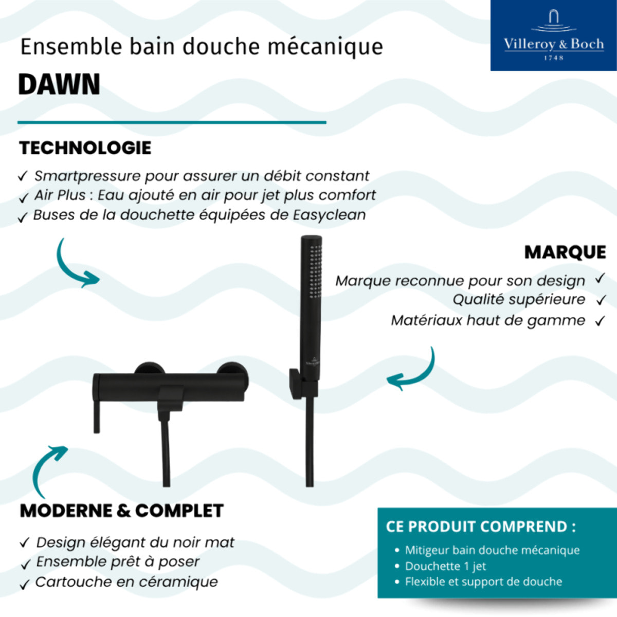 Ensemble bain douche mécanique VILLEROY & BOCH Dawn noir mat avec douchette Stick 1 jet + flexible 160 + support