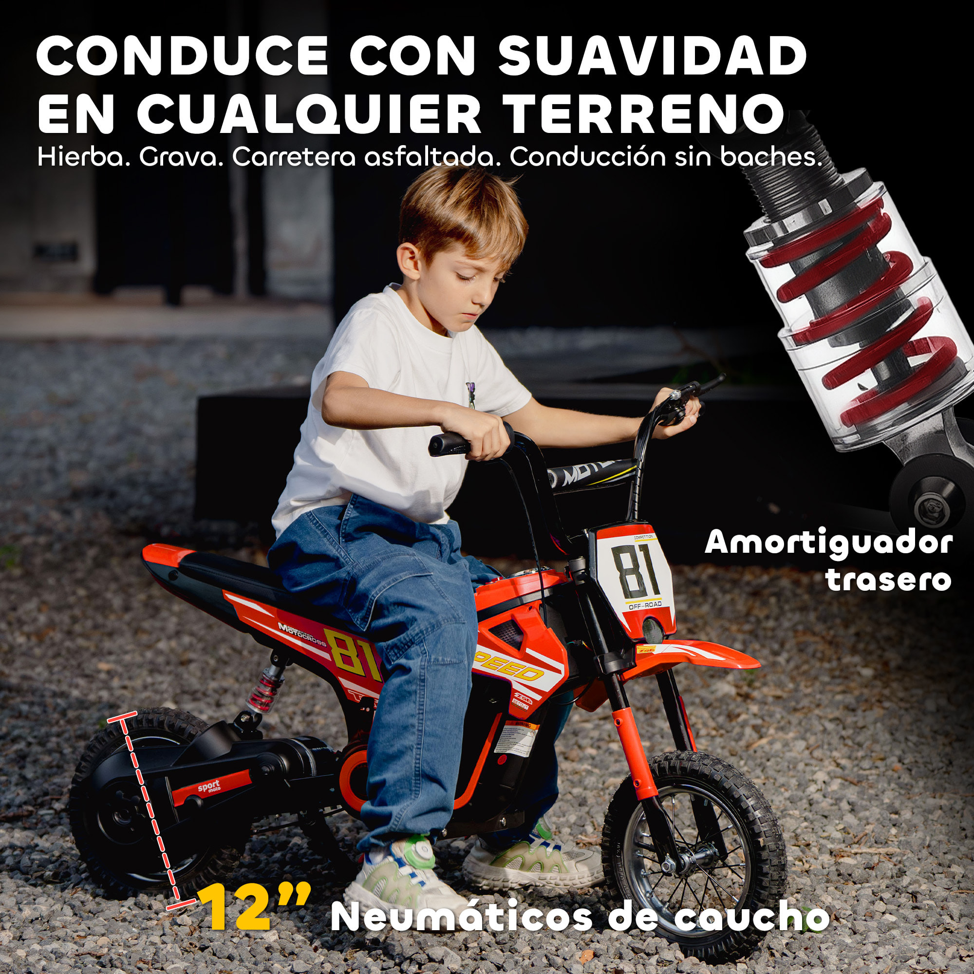 Moto Eléctrica para Niños 24V, Moto Eléctrica Infantil con Motor 250W, Velocidad de 6-16km/h, Ruedas de 12'' y Suspensión Trasera, para Niños de 8-12 Años, Rojo