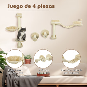 Juego de Estanterías para Gatos de 4 Piezas Rascador de Pared para Gatos con Hamaca Postes Rascadores Escalera Blanda Bola Plataformas para Saltar Beige