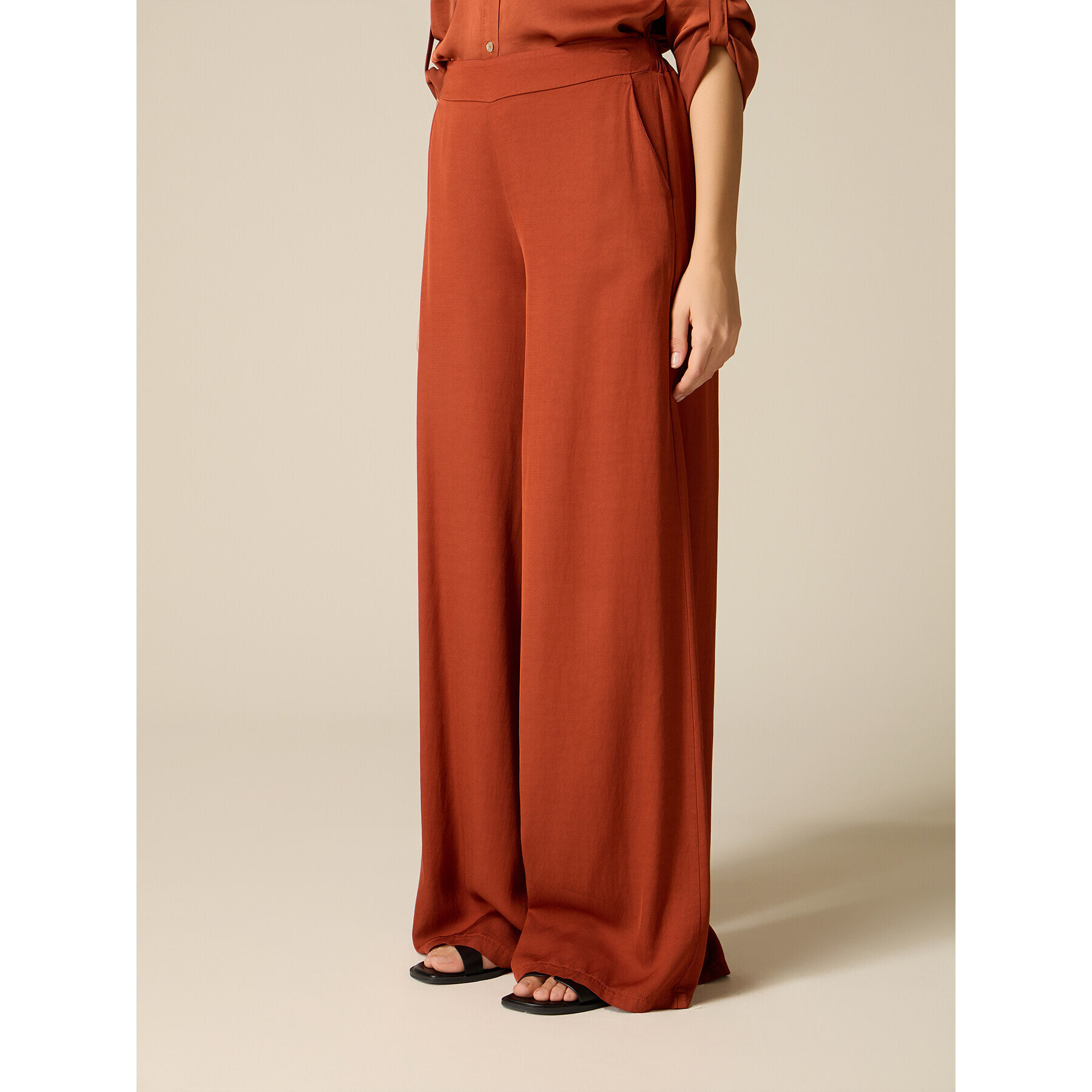 Oltre - Pantalones palazzo mezcla de lino - Naranja sol