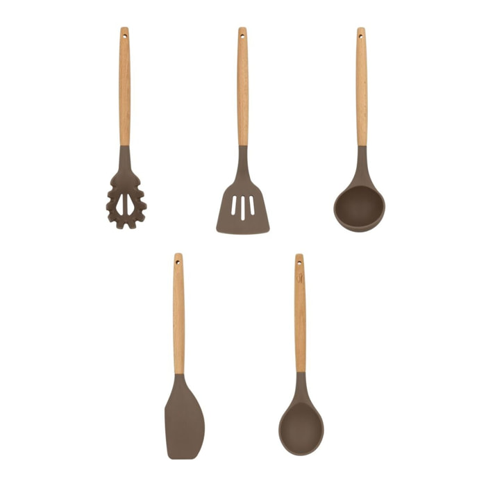 Lot de 5 ustensiles en silicone et manche en bois  ELIOTT