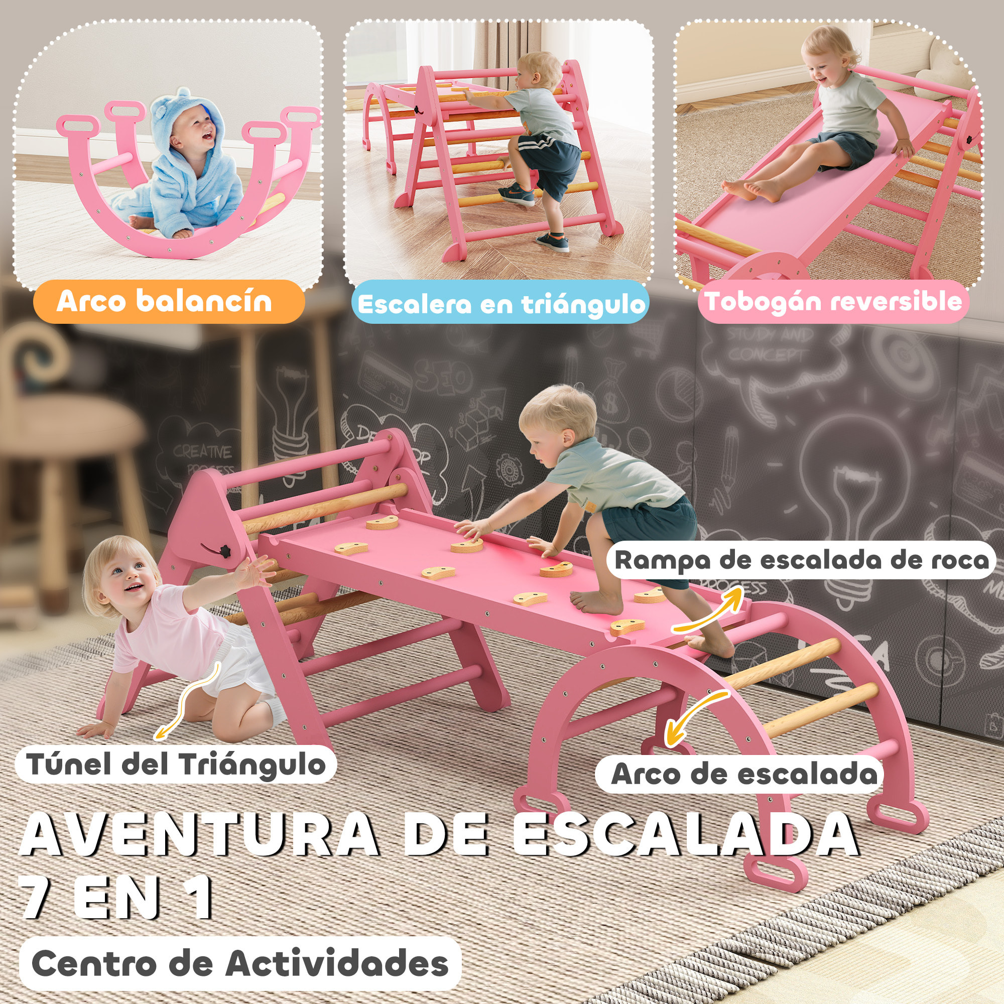 7 en 1 Triángulo de Escalada Montessori con Arco y Rampa, Escalada para Niños de Madera Plegable, para 18-48 Meses, para Deslizarse o Escalar, 188x70 cm, Rosa