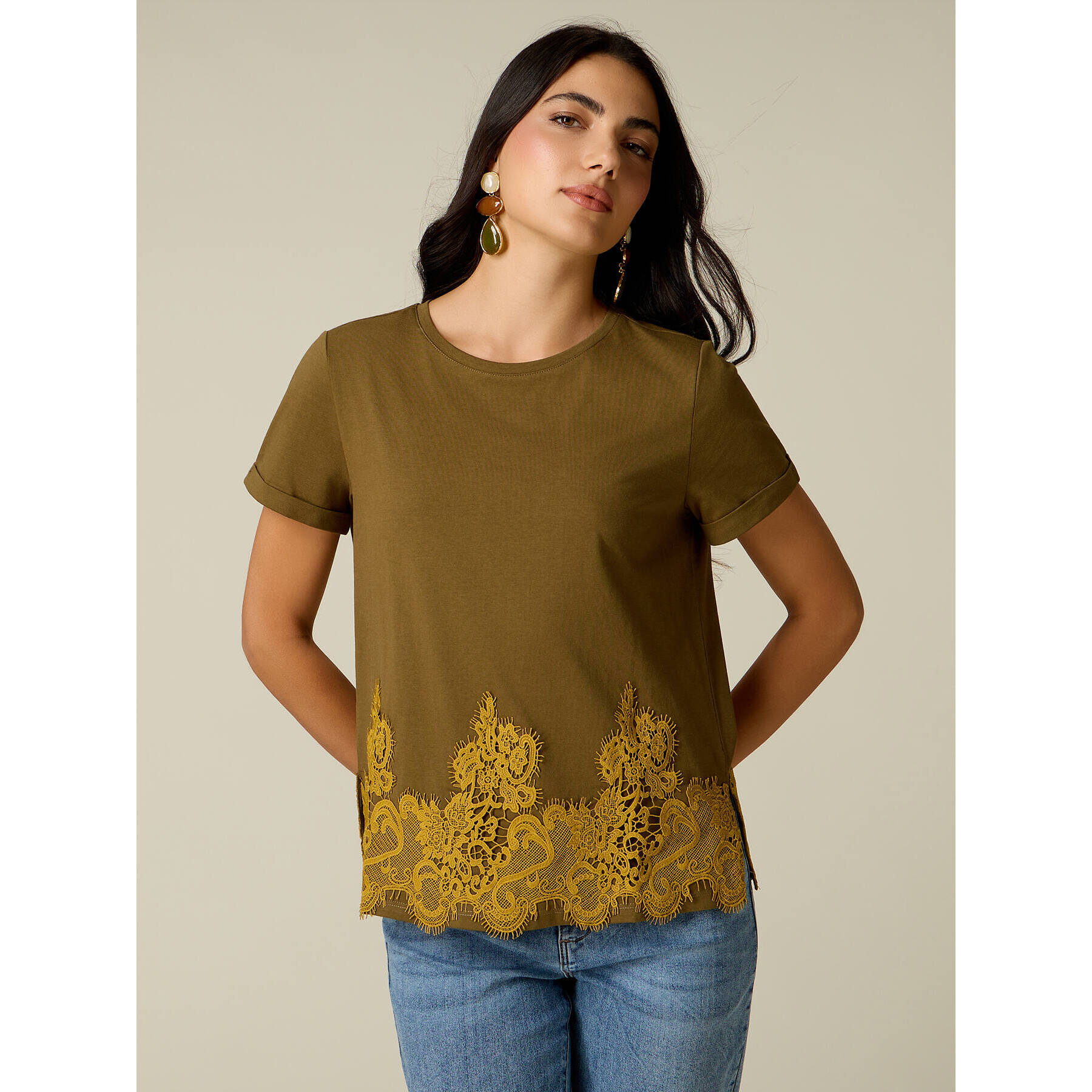 Oltre - T-shirt in cotone con pizzo - Kaki