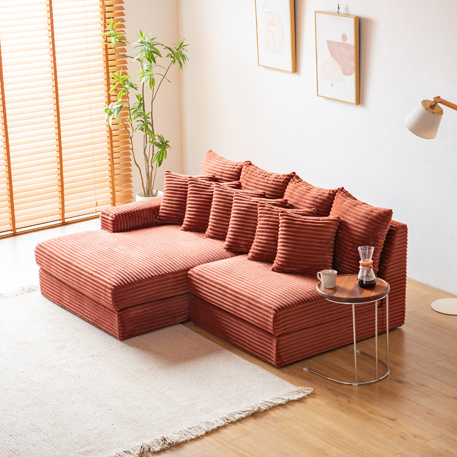 KENDARI Canapé d'angle 2/3 places assise profonde en velours côtelé terracotta
