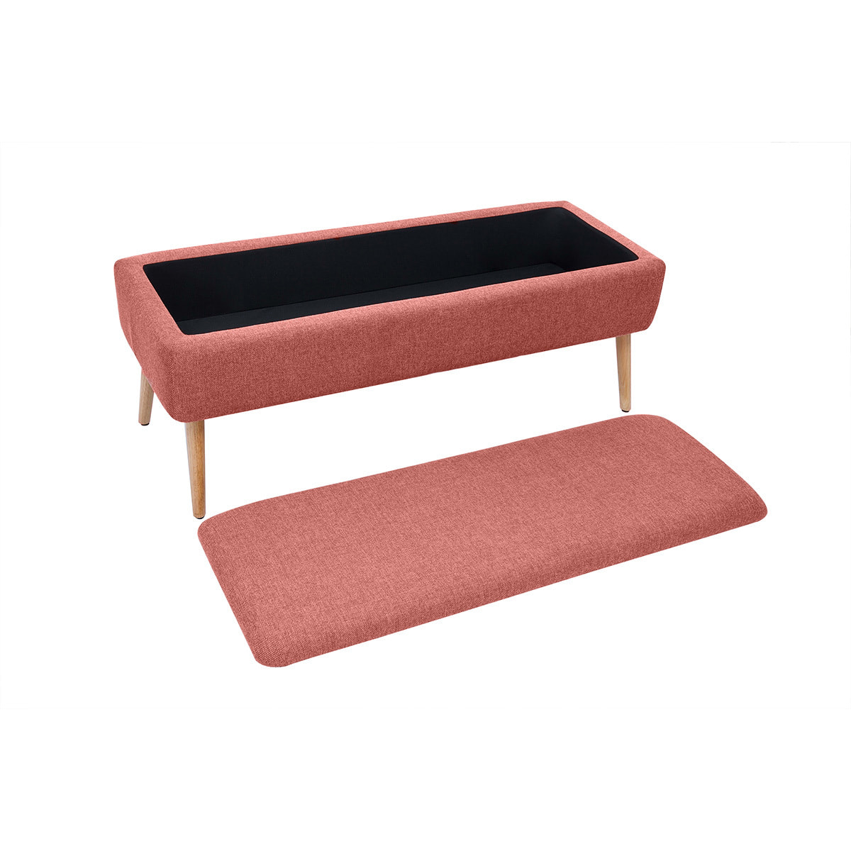 Banc coffre en tissu effet velours texturé terracotta et bois clair massif L120 cm LARS