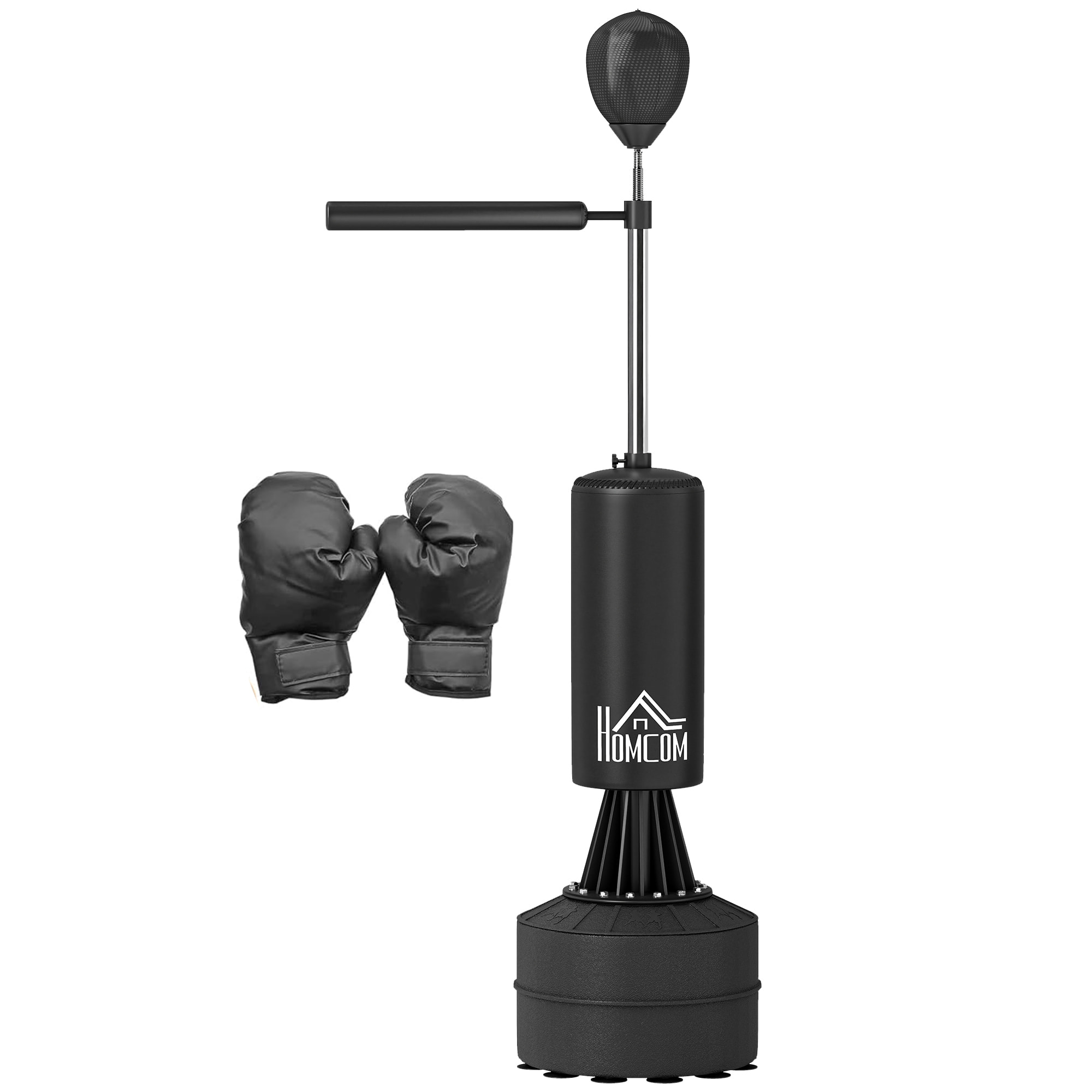 Saco de Boxeo de Pie 155-205 cm, Saco de Boxeo con Barra Giratoria de 360°, Bola de Velocidad y Base Rellenable, Punching Ball para Adultos y Niños, Entrenamiento MMA, Muay Thai, Fitness, Negro