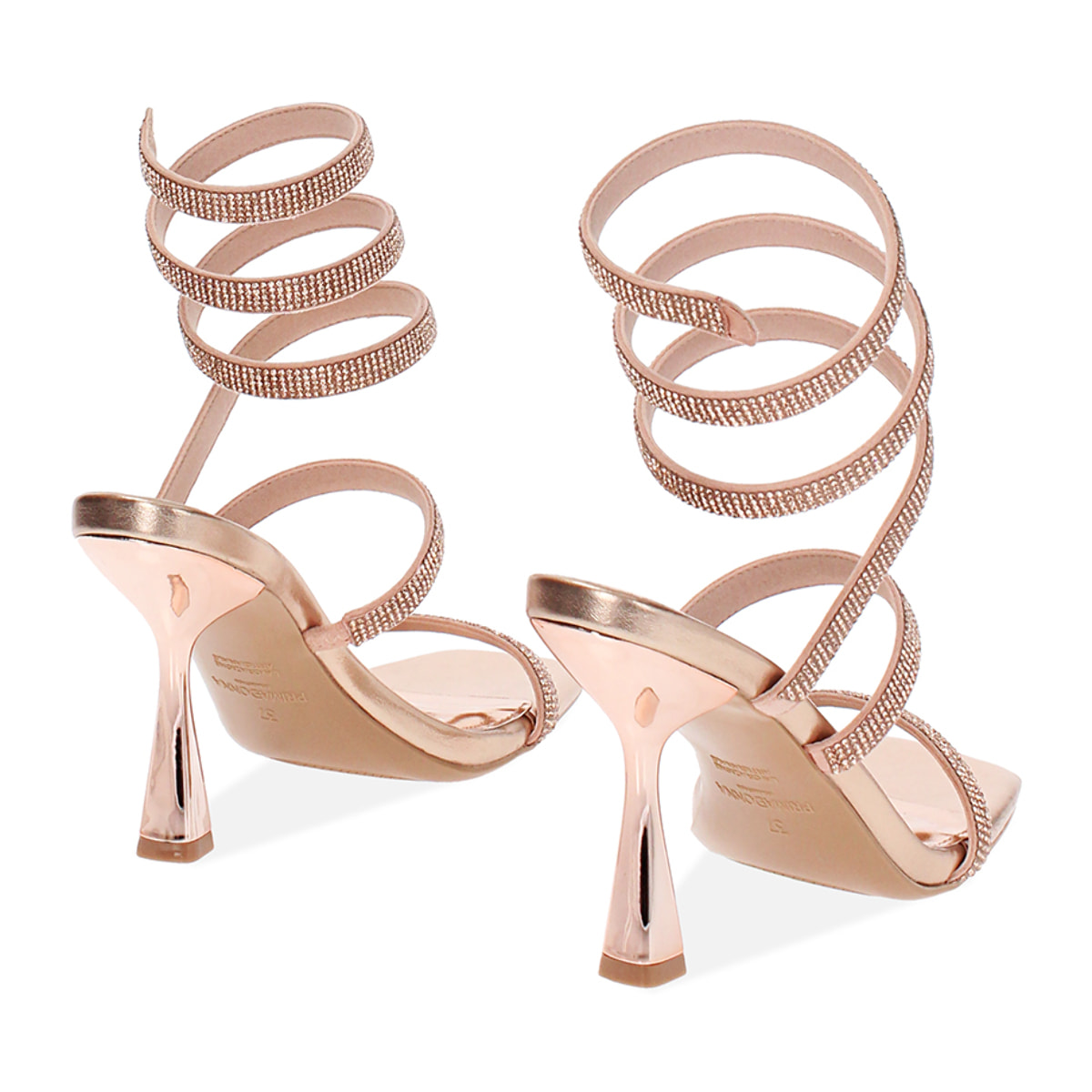 Sandalias con tacón mujer rosa oro en laminado con piedras