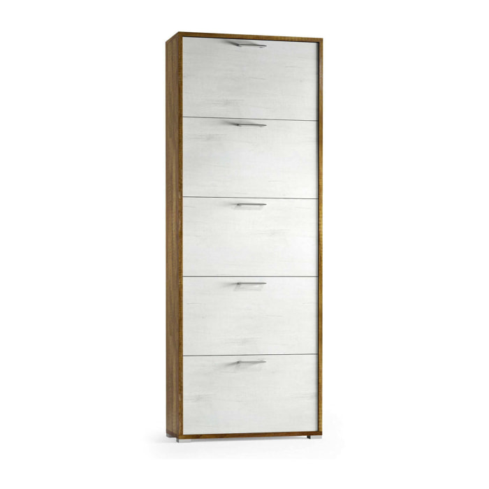 Scarpiera Surfinia, Mobile multiuso da ingresso con 5 ante a ribalta, Armadietto portascarpe a doppia profondità, 100% Made in Italy, Cm 67x28h183, Bianco e Rovere