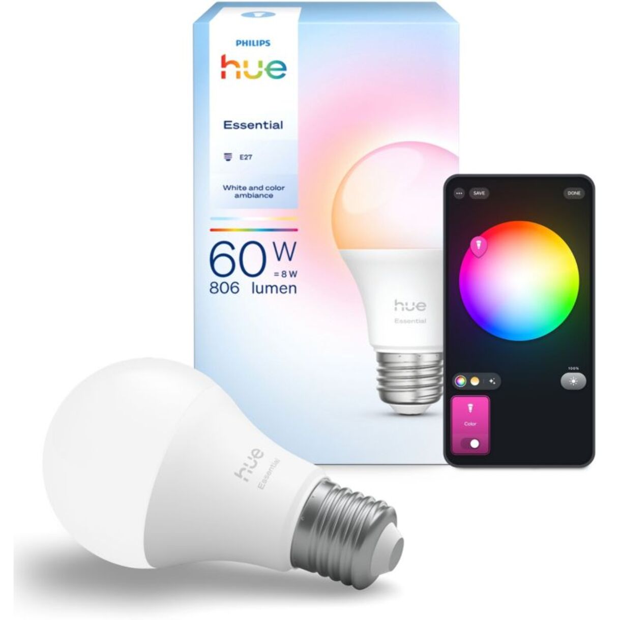 Ampoule LED connectée PHILIPS HUE Essential E27 WCA A60 1P