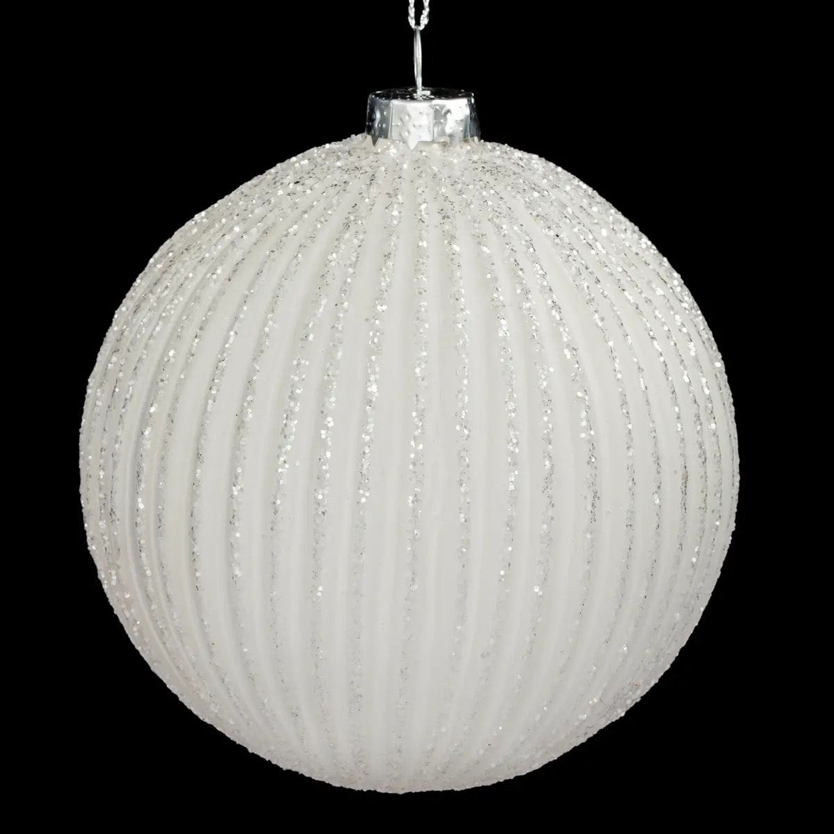Boule striée pailletée 10cm verre blanc