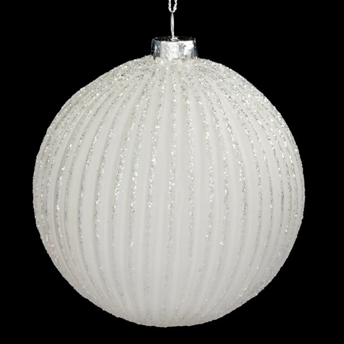Boule striée pailletée 10cm verre blanc