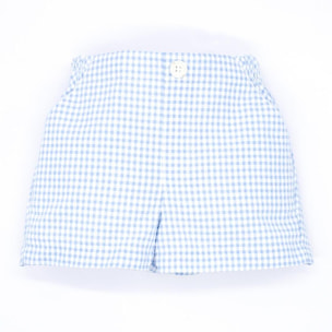 Bermuda vichy azul. Con bolsillos, botón y dibujo de la bragueta.