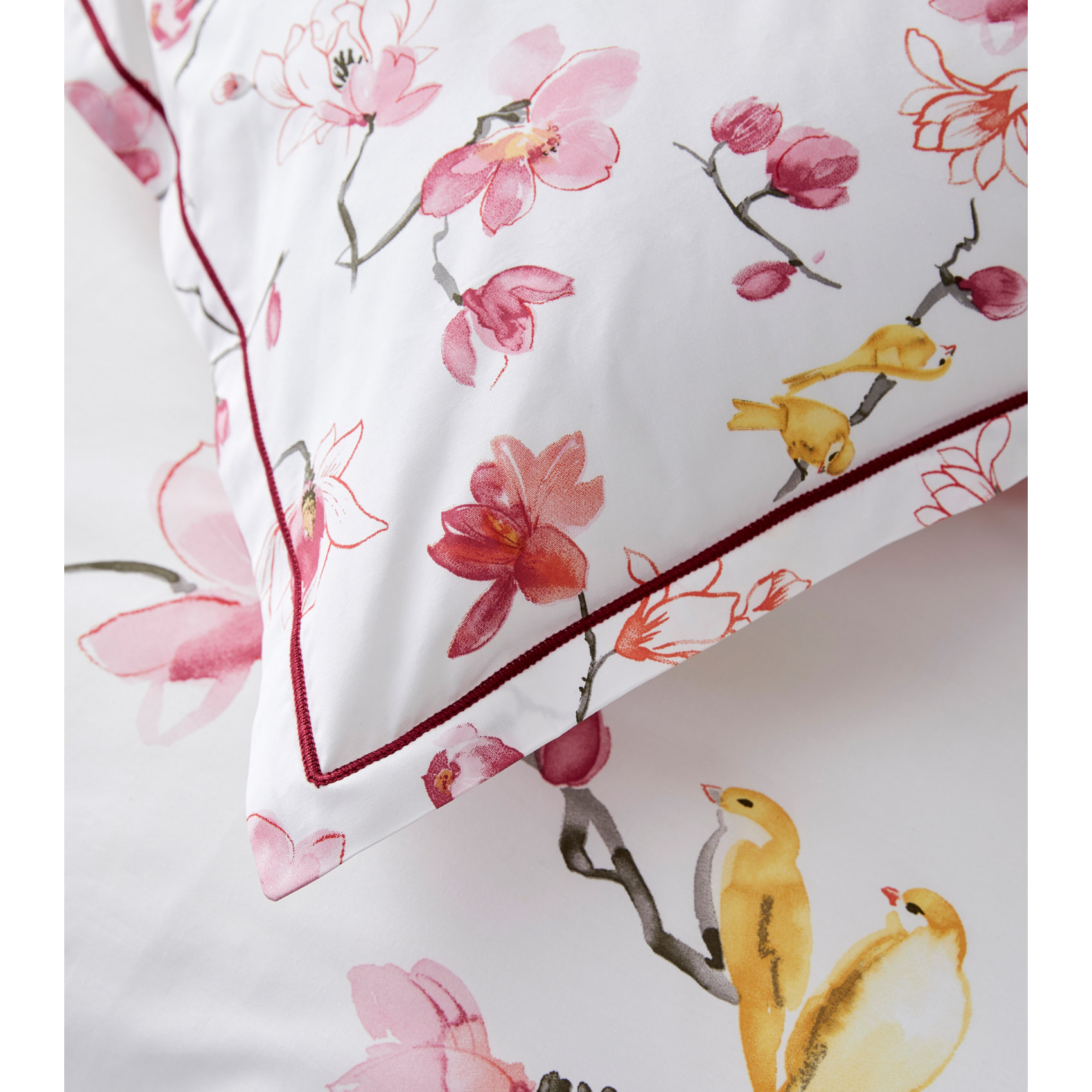 Taie d'oreiller imprimée fleurs et oiseaux - Rose Clair