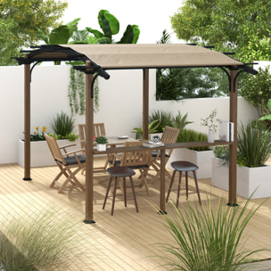 Pergola avec comptoir toit arche alu acier aspect bois noir toile grège